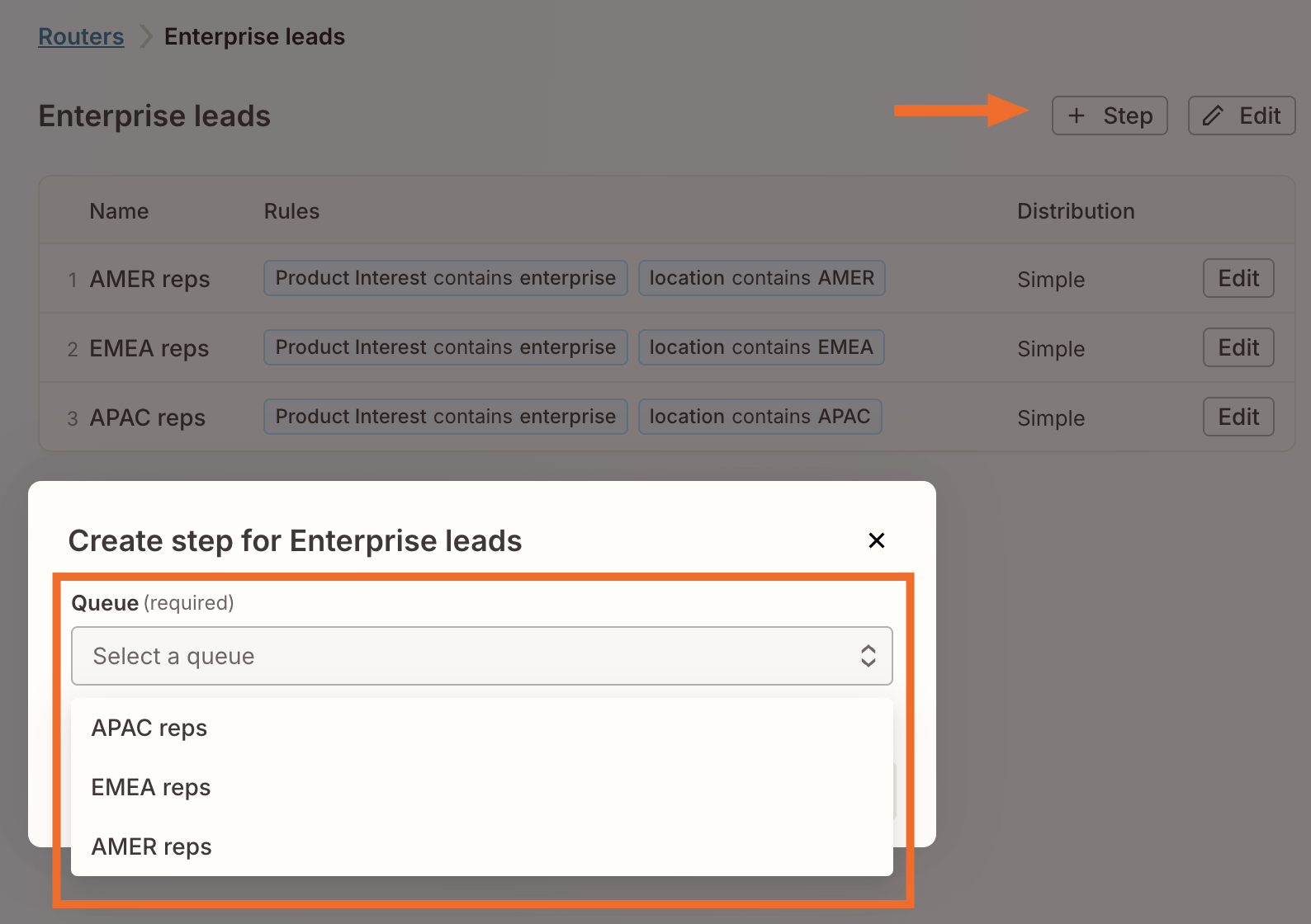 A window to create a step for Enterprise leads