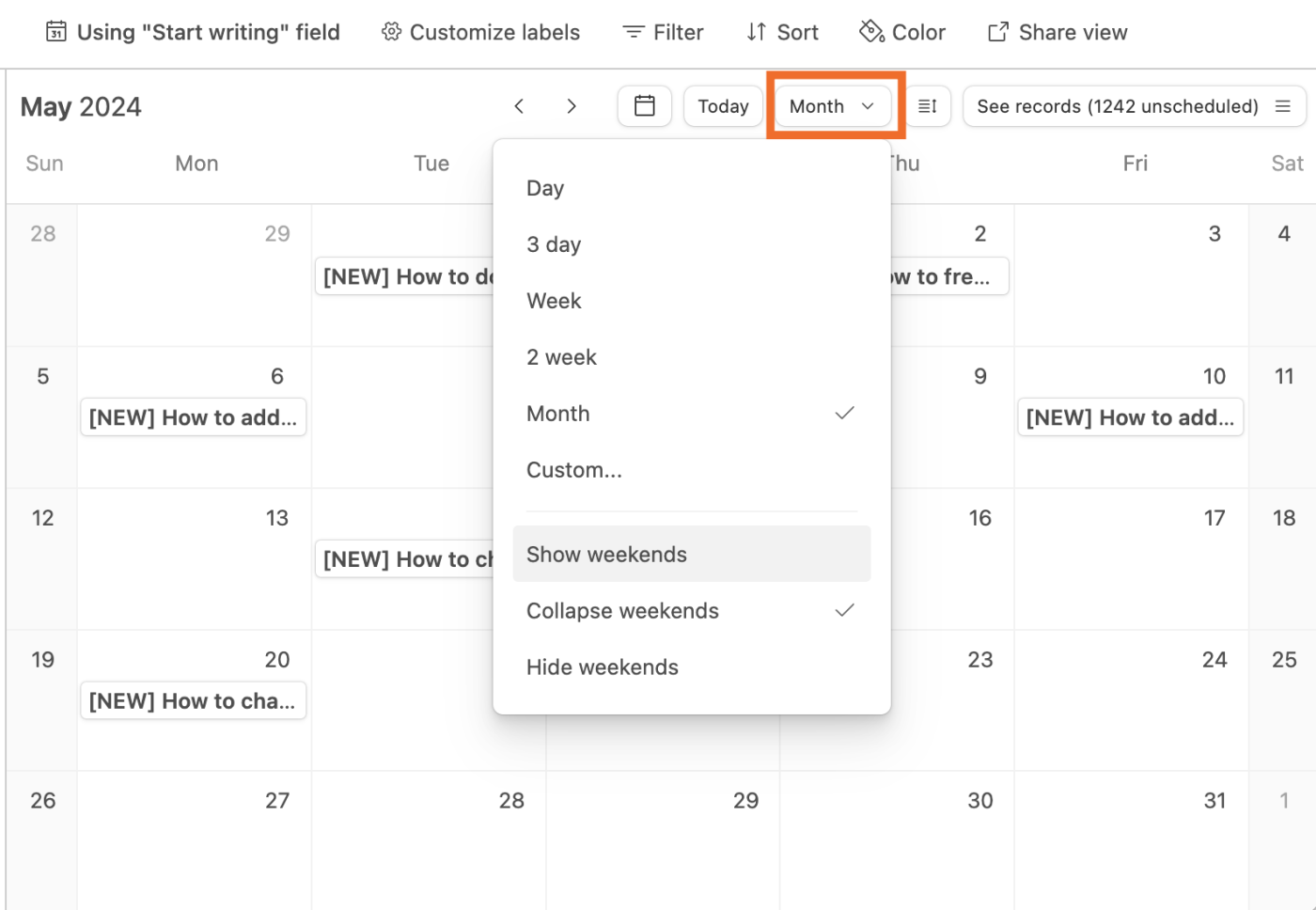 Airtable calendar view with an expanded view of the change timescale dropdown. 