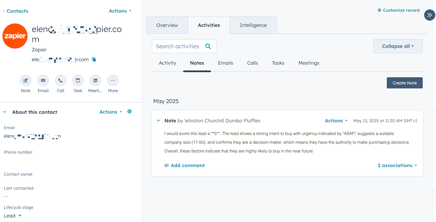 Screenshot of HubSpot contact created