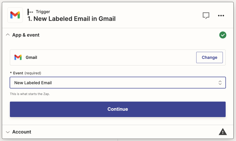 A trigger step in the Zap editor with Gmail selected for the trigger app and New Labeled Email selected for the trigger event.