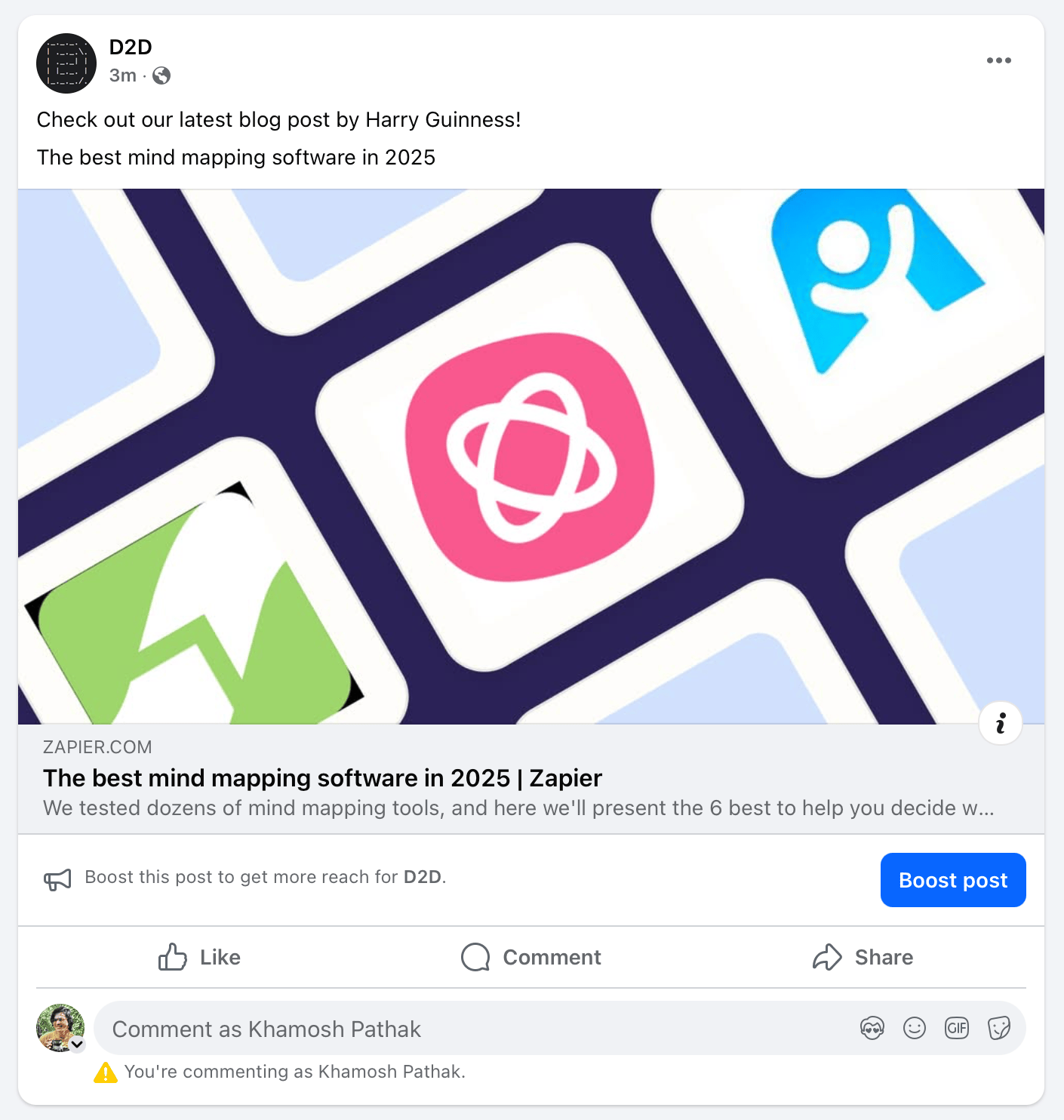 A Facebook post that shows a blog post published on the Zapier blog.