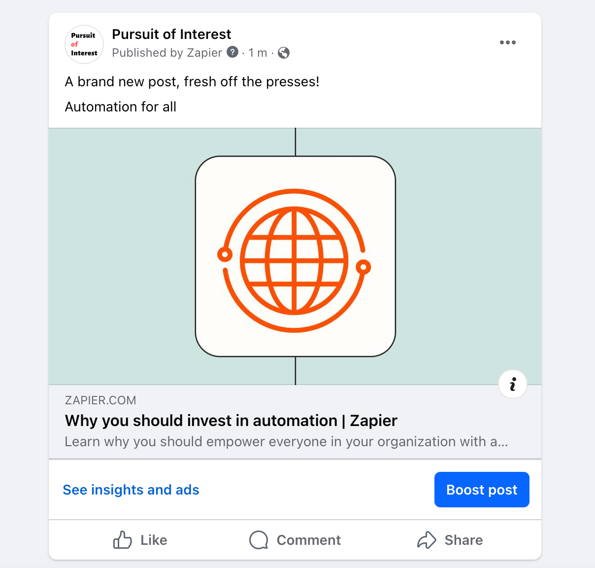 A Facebook post that shows a blog post published on the Zapier blog.