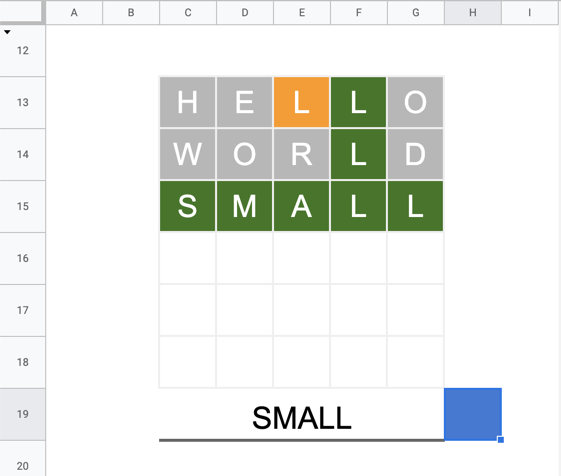 A screenshot of Sheetle, with three guesses: HELLO, WORLD, and SMALL.