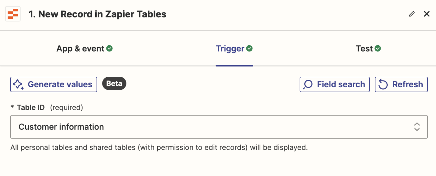 Screenshot of ZApier table ID in zap editor