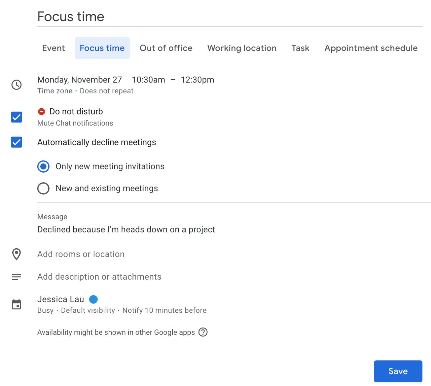 A focus time event in Google Calendar. 