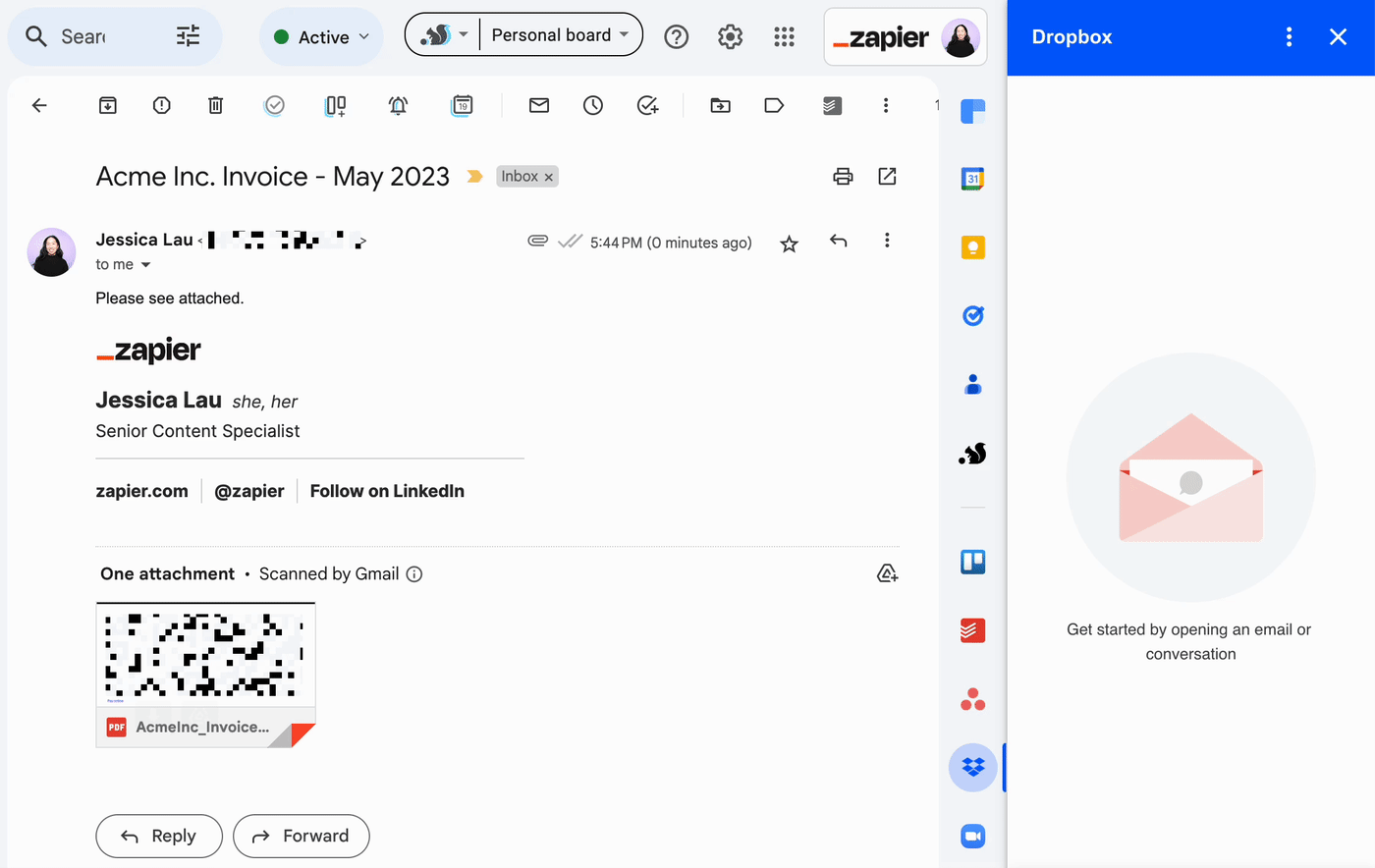 An open email with an attachment in Gmail. The email attachment automatically populates in the adjacent Dropbox side panel, and is saved to Dropbox. 