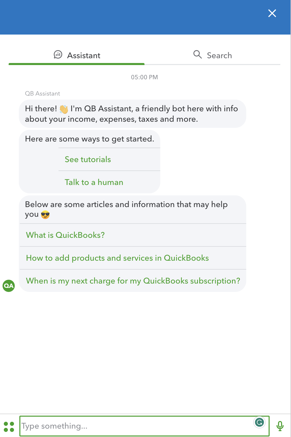 Screenshot of QuickBook's live chat support