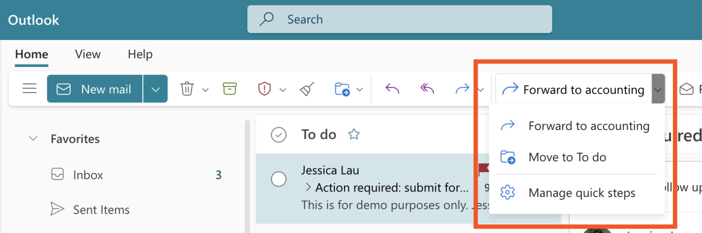 Portion of Microsoft Outlook window. In the toolbar of the Home tab, the quick steps menu has been expanded to show existing quick steps and an option to "Manage quick steps."