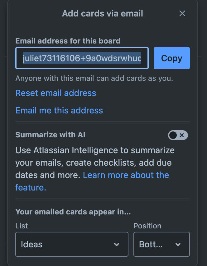The email to Trello settings