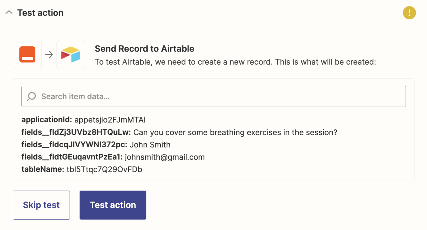 A test message that shows a record that will be sent to Airtable with Typeform responses.