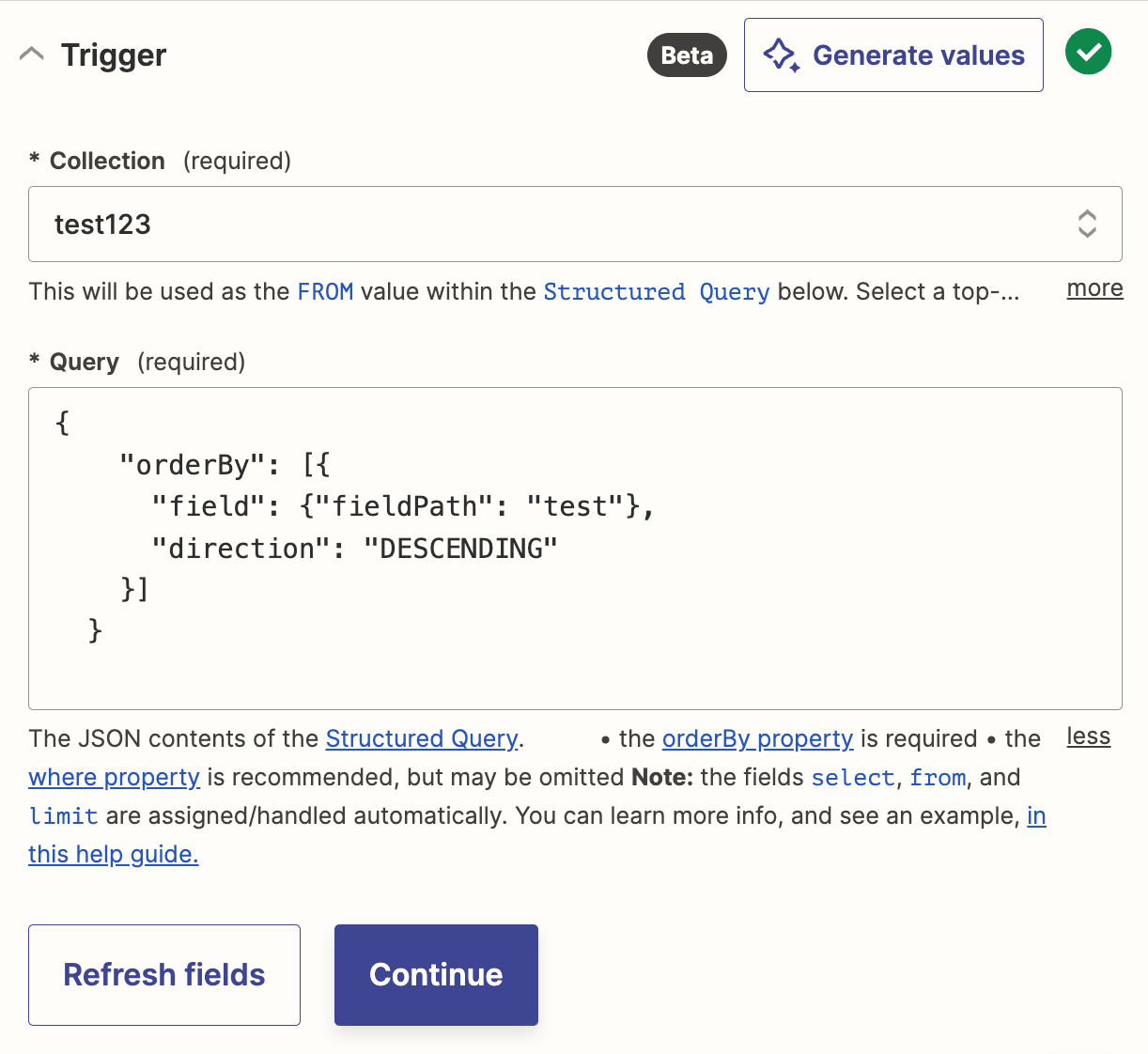 A screenshot of the Query field of the Firebase action step, with a JSON query entered.