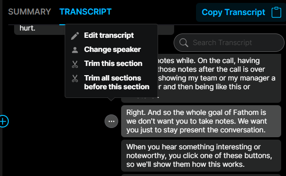 Expanded view of Fathom's transcript menu, which includes options to edit the transcript, change the speaker, and trim sections of the video.