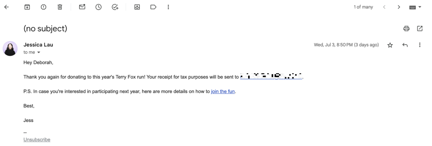 Example of a personalized message sent using Gmail mail merge. 