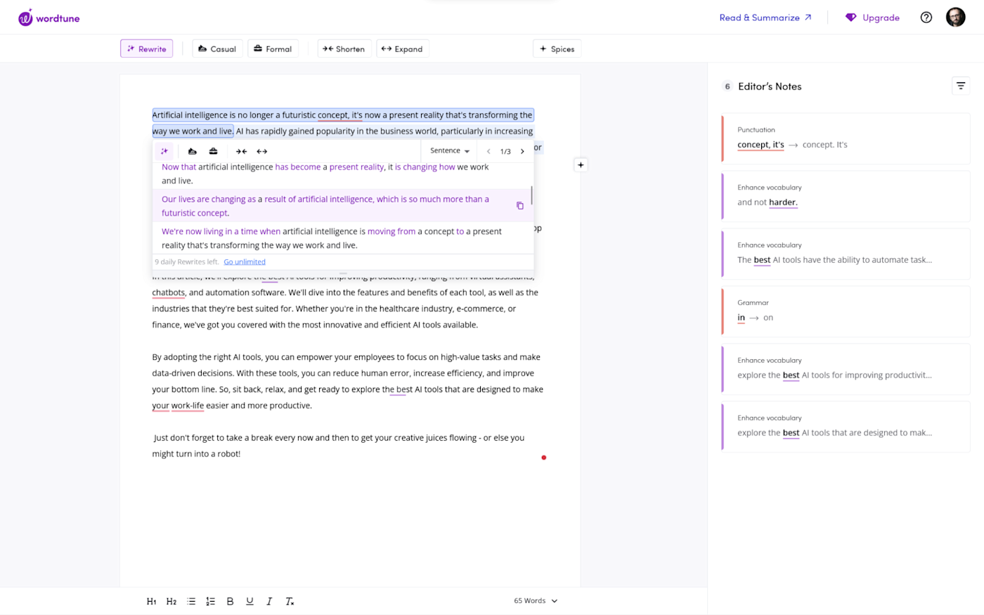 Wordtune, um aplicativo de produtividade AI que pode adicionar sugestões e texto à sua cópia