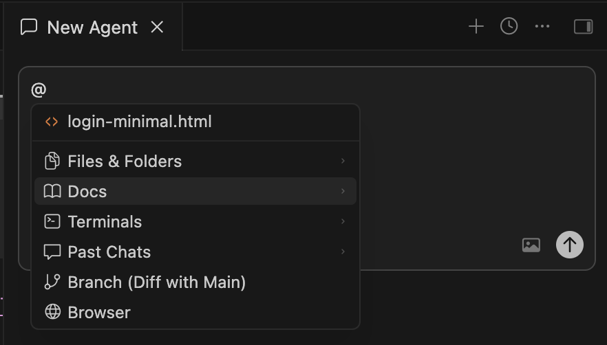 When you type the @ sign, Cursor opens a dropdown menu where you can select which context to add to your prompt