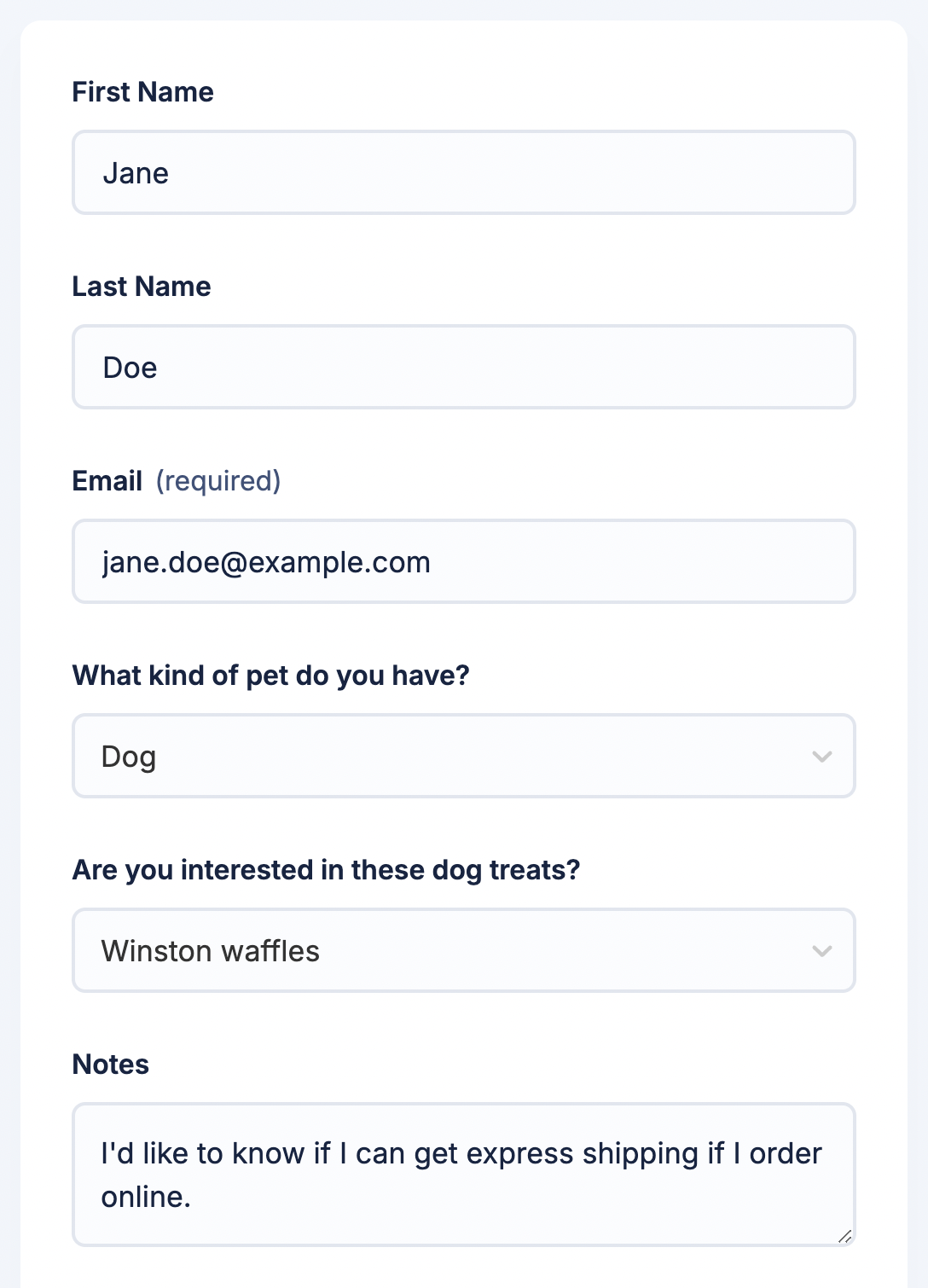 Screenshot of form filled out