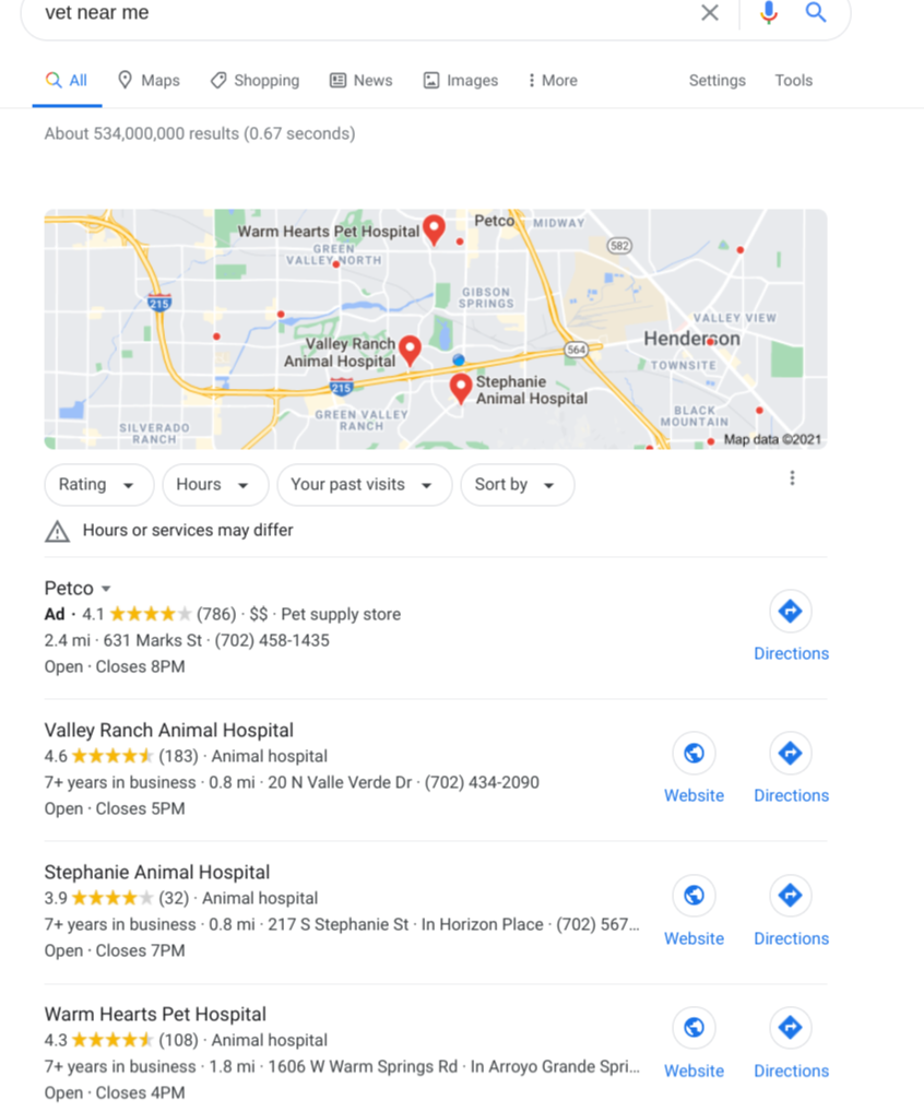 The Google results for "vet near me" with Google Maps and a few businesses listed below