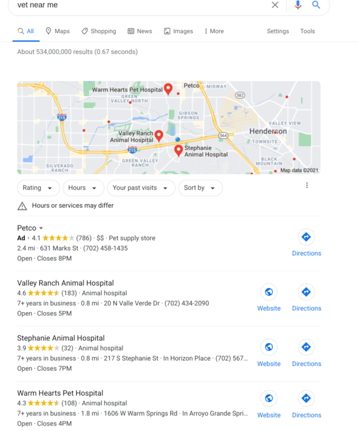 google-my-business-optimization-02-vets The Google results for "vet near me" with Google Maps and a few businesses listed below in the feedback section