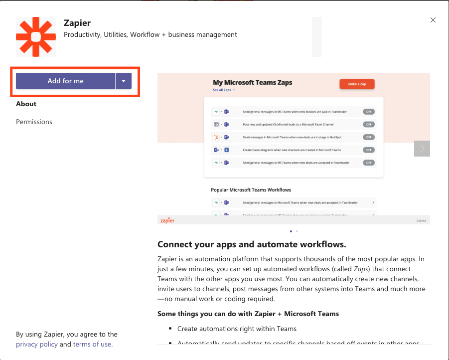 A screenshot of the Zapier app in the Microsoft Teams app directory.