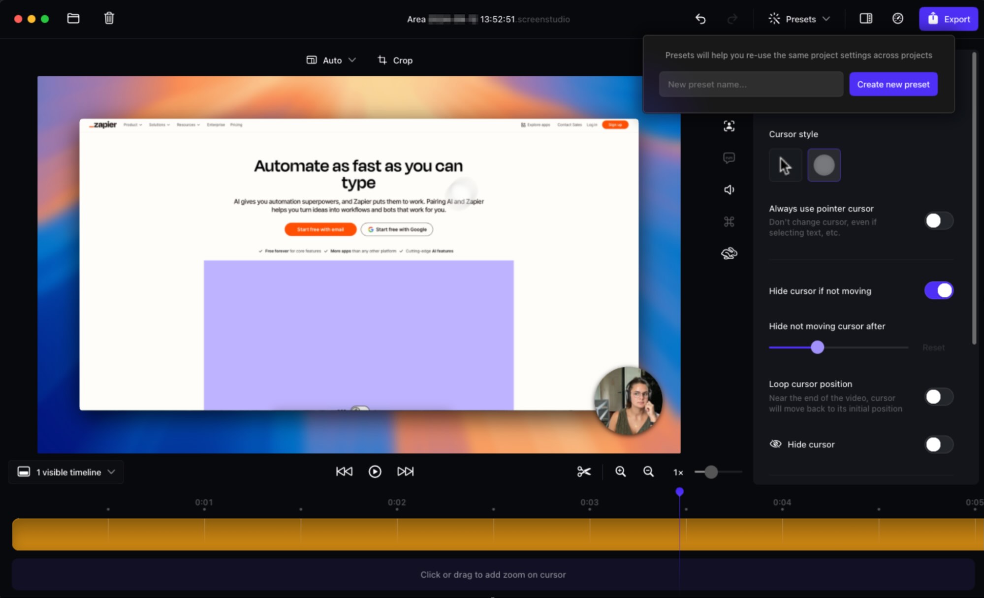 Screen Studio, our pick for quickly creating professional-looking videos