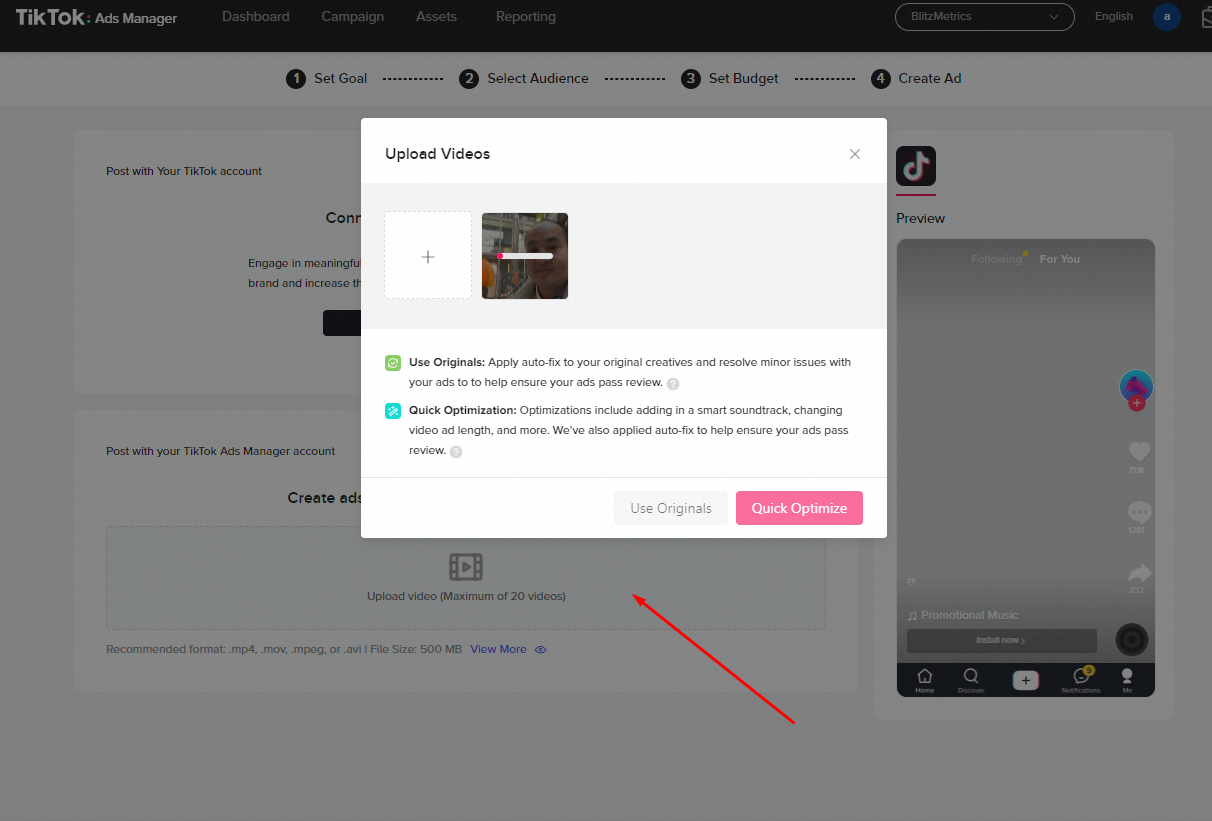 Uploading videos in TikTok Ads Manager