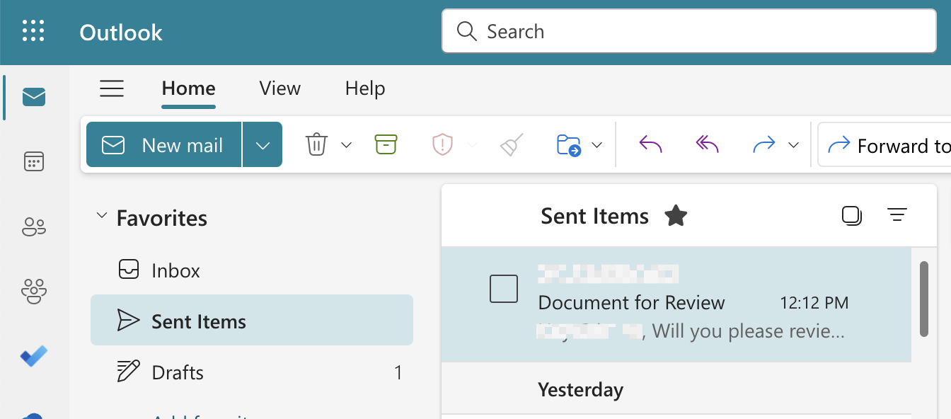 Screenshot of where to locate an email in your sent folder in Outlook