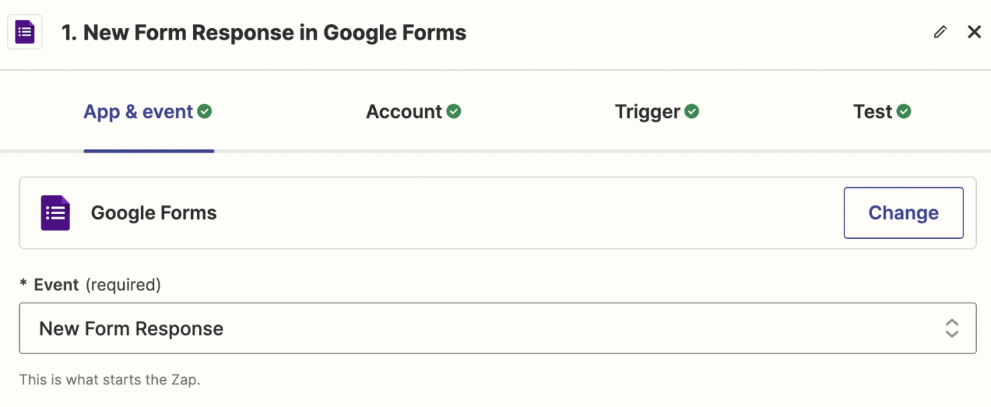 Screenshot of google forms trigger step