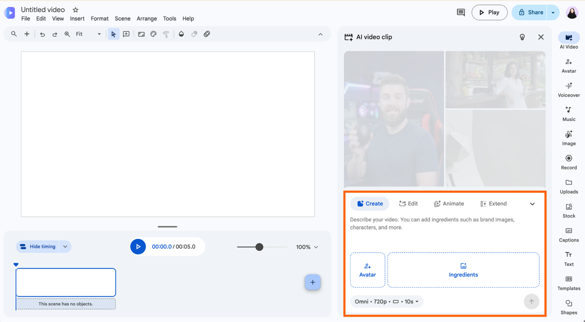 Welcome screen in Google Vids with different options to create a new video. 