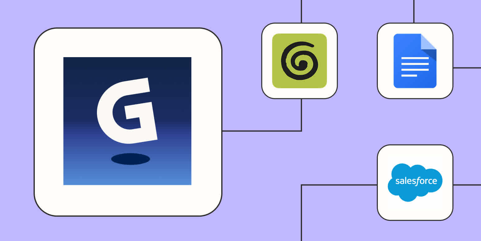 The Gamma logo connected to the Granola, Google Docs, and Salesforce logos against a lavender background