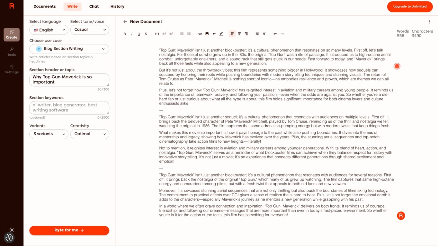 Rytr, our pick for the best free AI writing generator