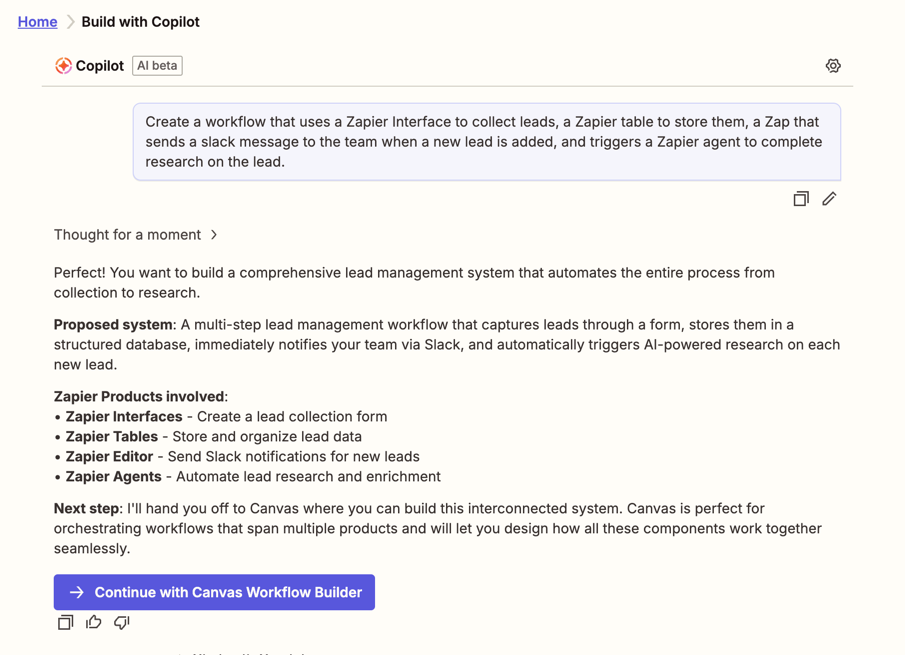 Screenshot of a conversation with Copilot about building a comprehensive lead management system