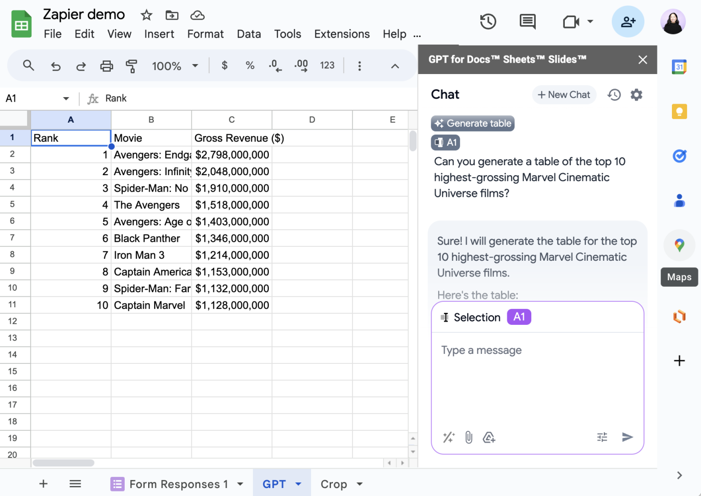 GPT for Docs Slides Sheets chat in the side panel of Google Sheets. 