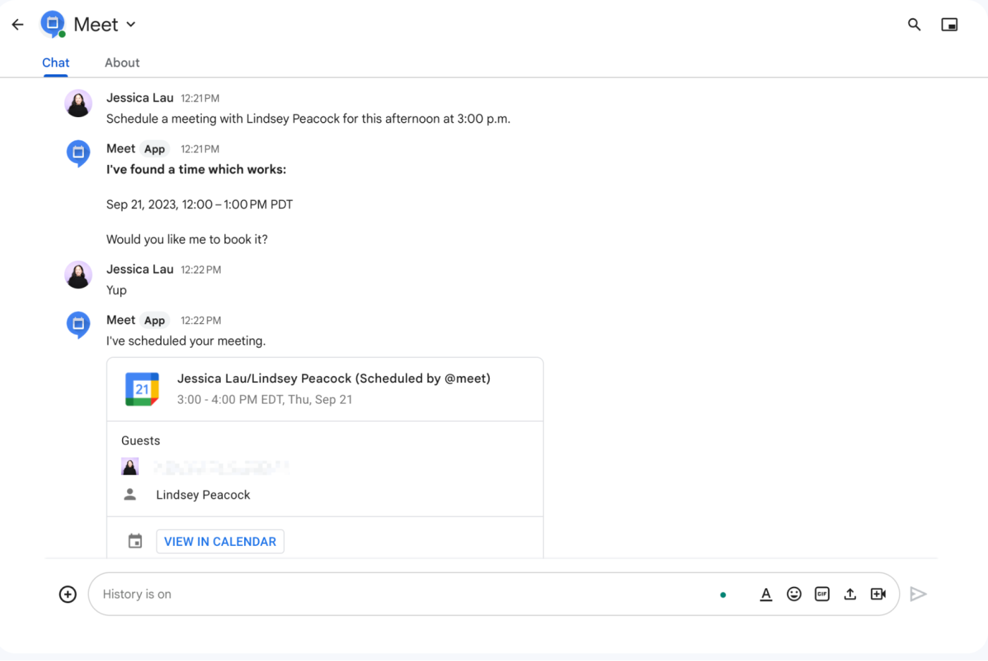 Example of how to use the Meet app chatbot in Google Chat to schedule a Google Calendar event.
