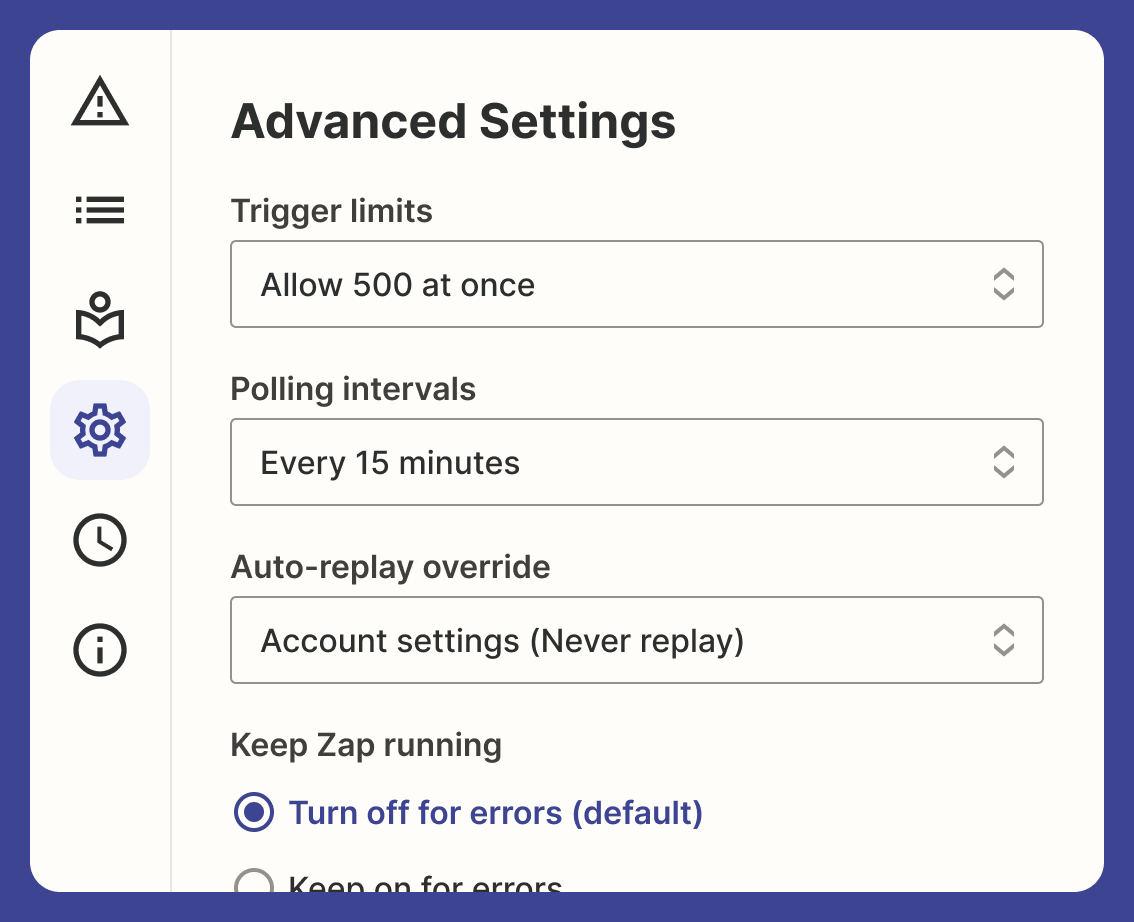 Portion of the Advanced Settings page in Zapier. The auto-replay override setting is set to "Account settings (never replay)."