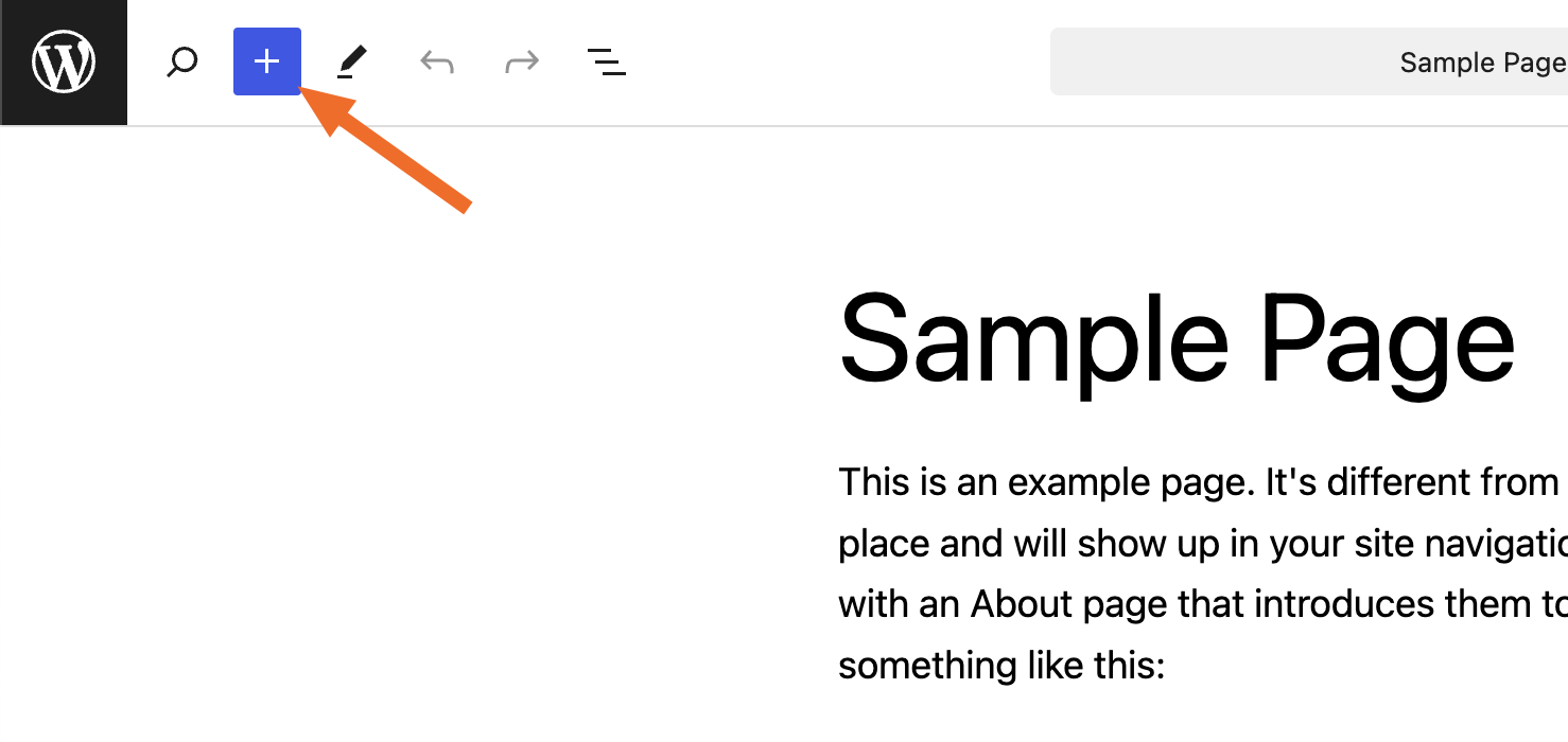 Screenshot of the plus icon where you can add a new block in WordPress
