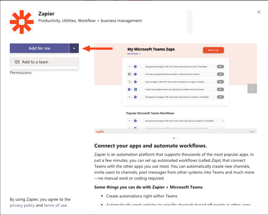 A screenshot of the Zapier app in the Microsoft Teams app directory. An option to install the app for a team is highlighted.