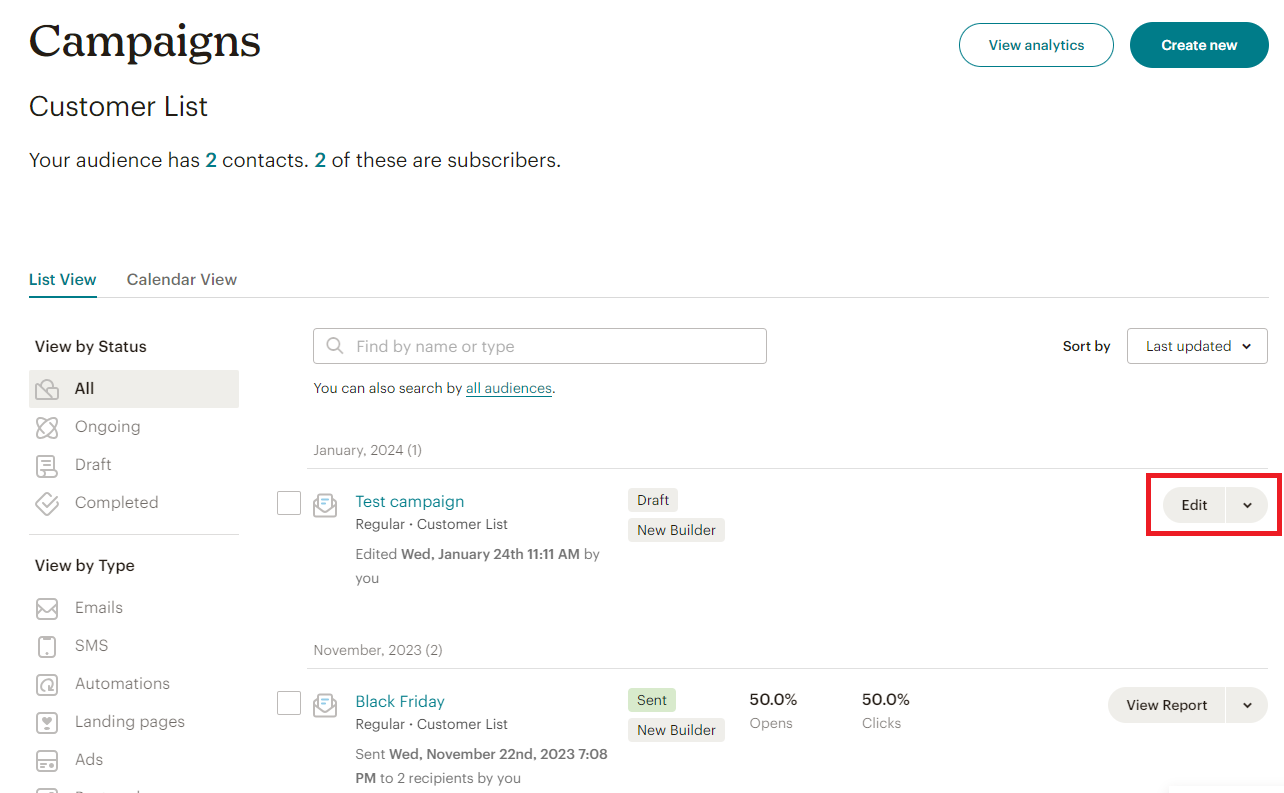 The Edit button to send a test email in Mailchimp