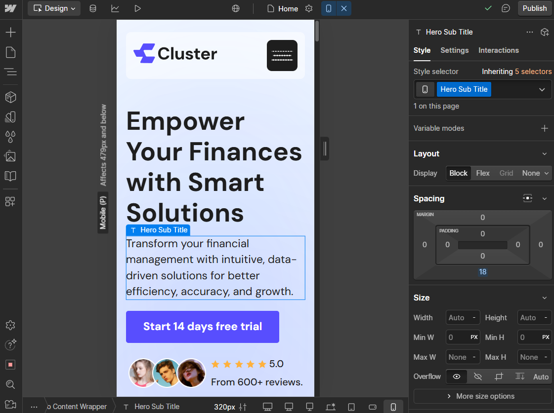 Webflow's customization options in the editor