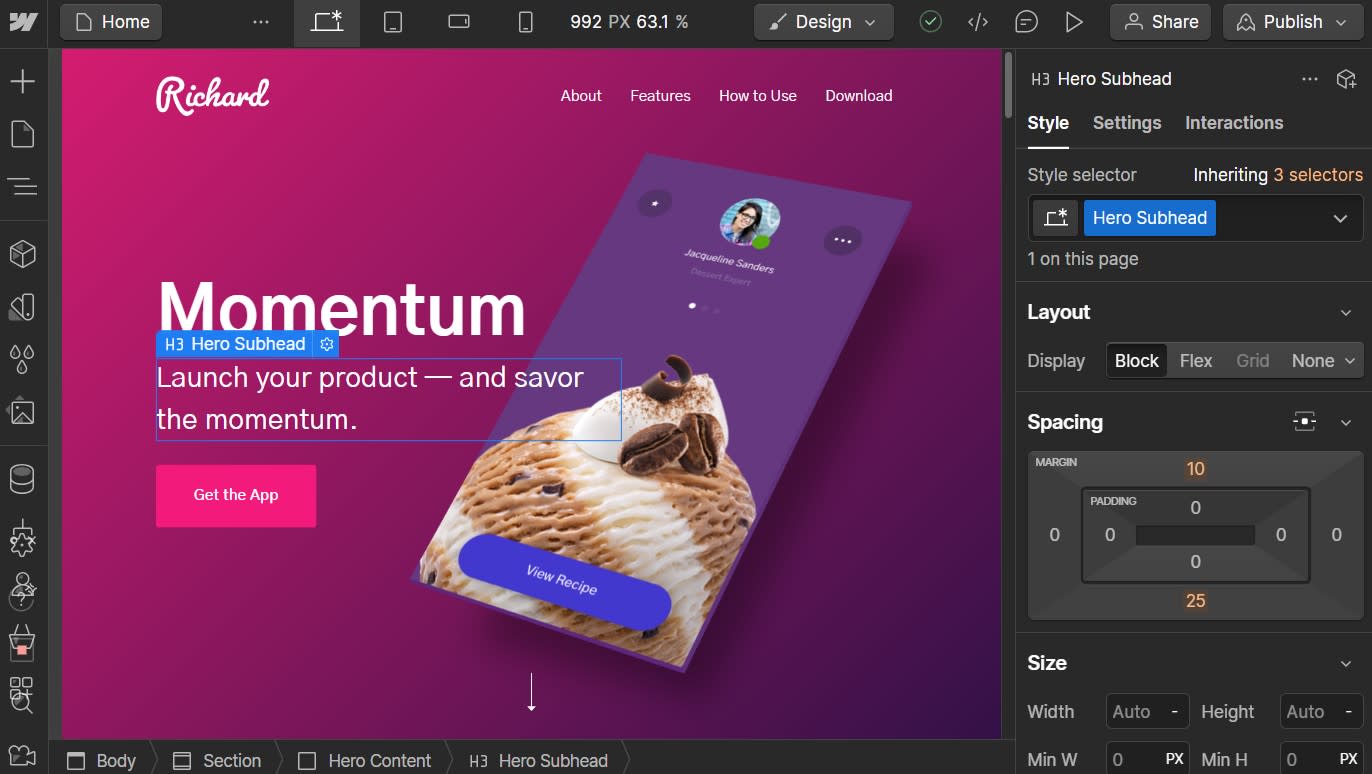 Webflow's customization options in the editor