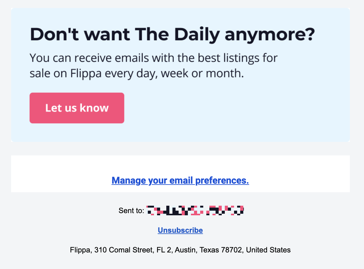 The unsubscribe option from Flippa at the bottom of an email