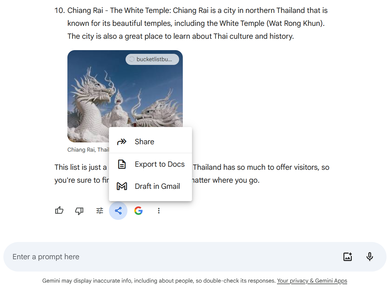 The option to export to Docs or draft in Gmail from the Gemini chatbot