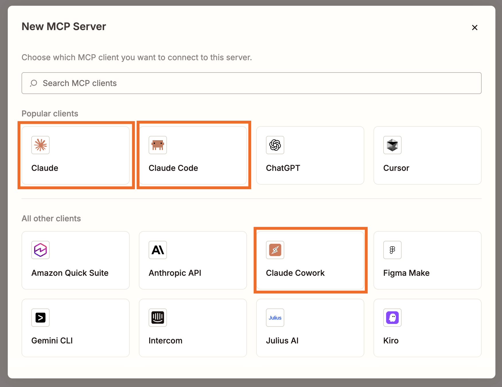 Under "popular clients," an orange box is shown around Claude, Claude Code, and Claude Cowork