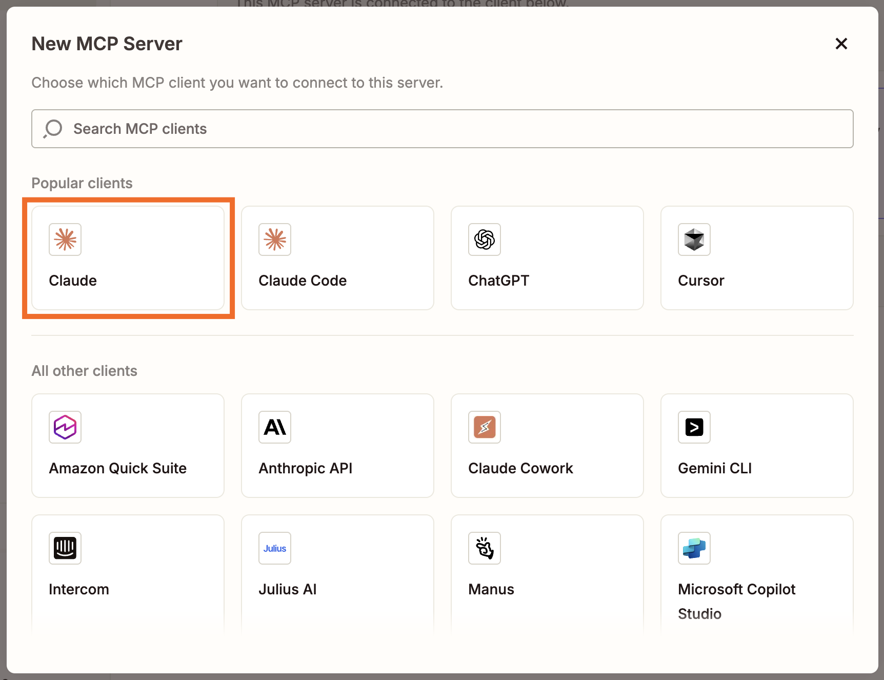 Under "popular clients", an orange box is shown around Claude.