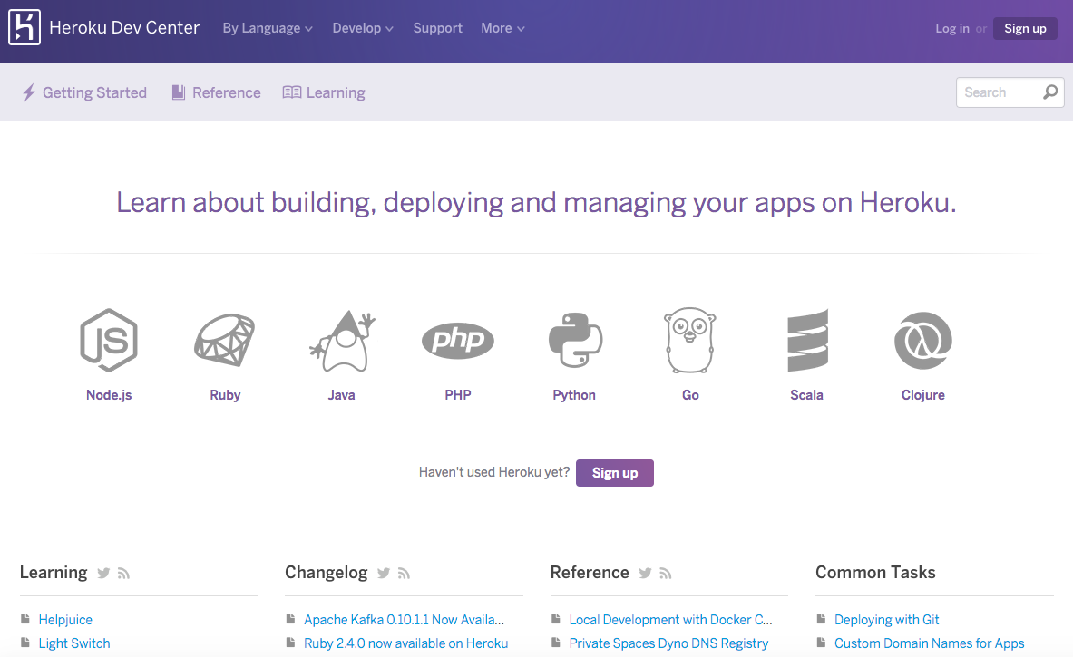 Heroku Dev Center screenshot showing a login button and general informational icons.