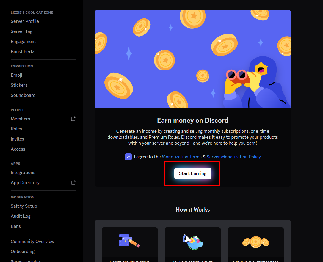 The Start Earning option in Discord