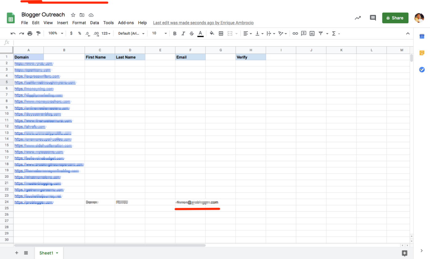 A spreadsheet showing columns for domains, first name and last name, with new data showing in the column for email address.