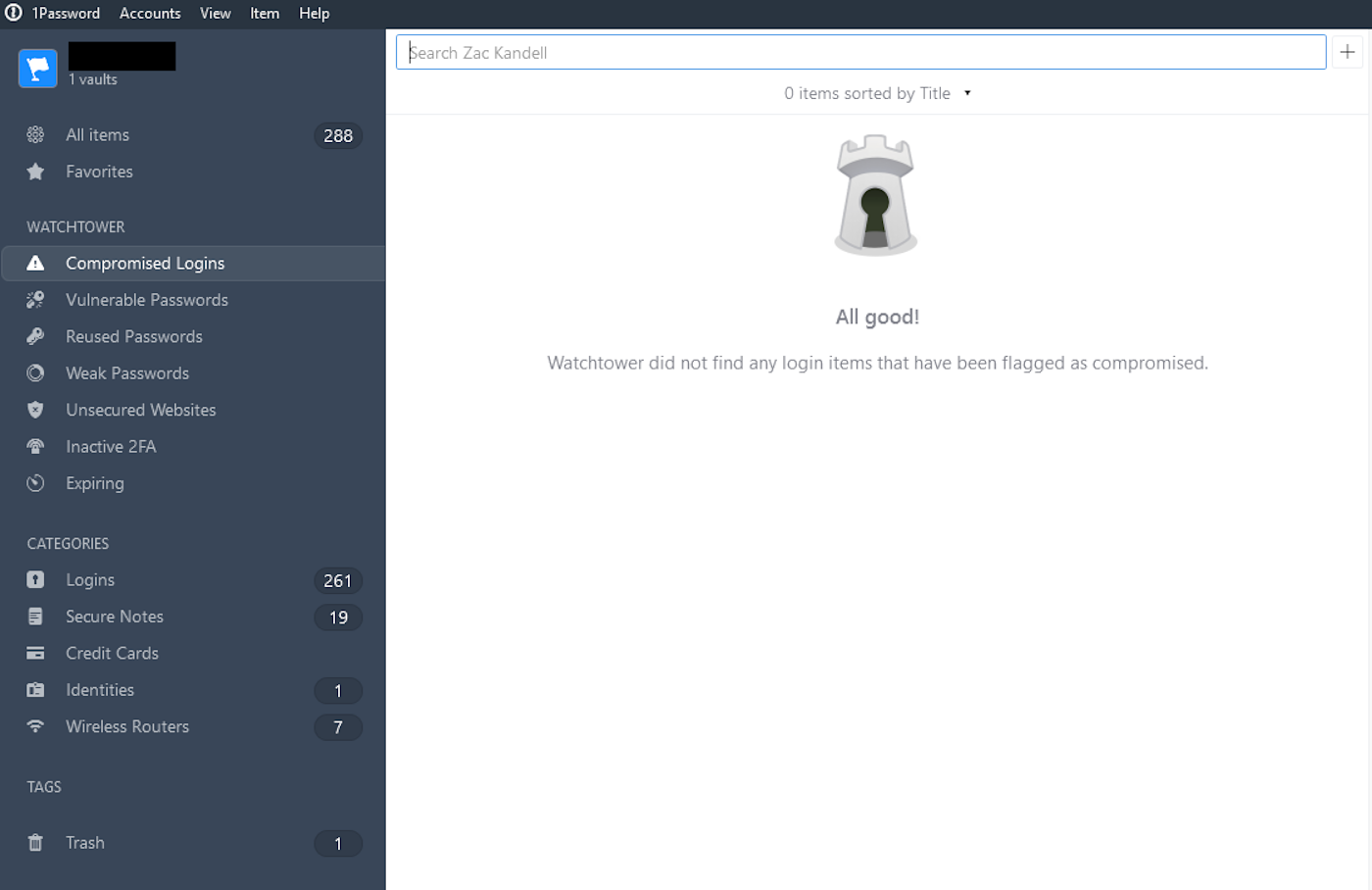 Watchtower in 1Password, giving you an indication of how secure your passwords are