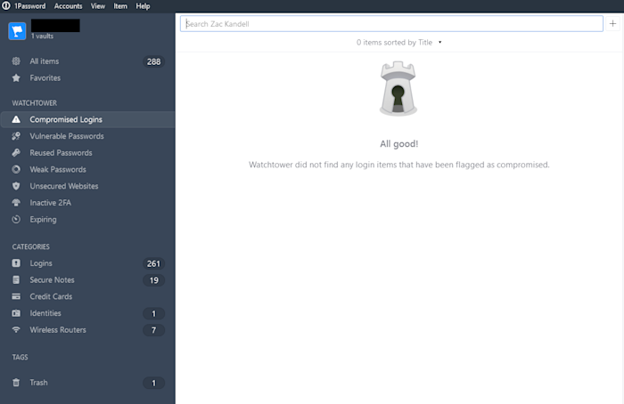 Watchtower in 1Password, giving you an indication of how secure your passwords are