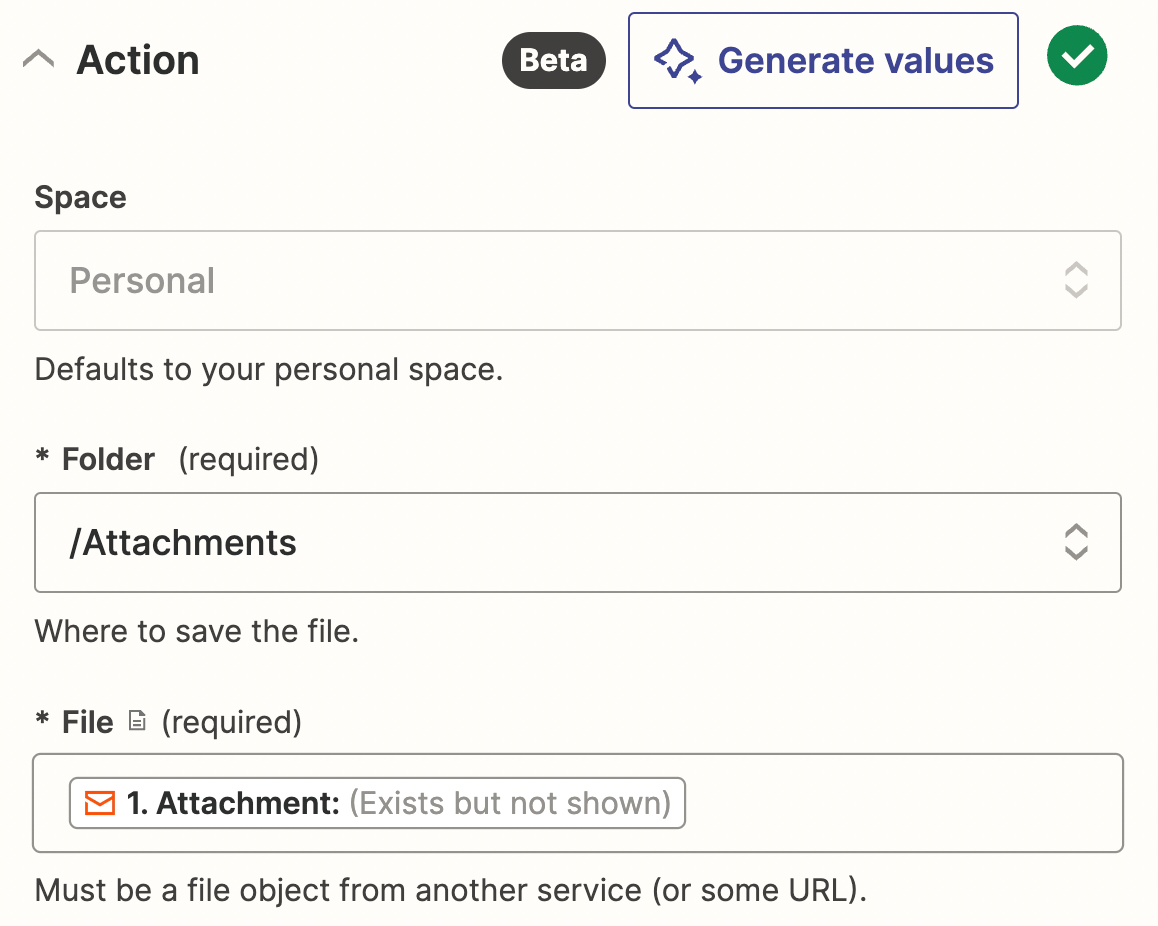 Dropbox fields in an action step in the Zap editor.