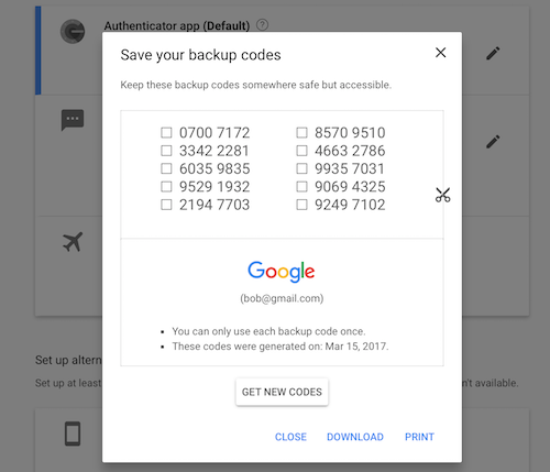 Google two-factor backup codes